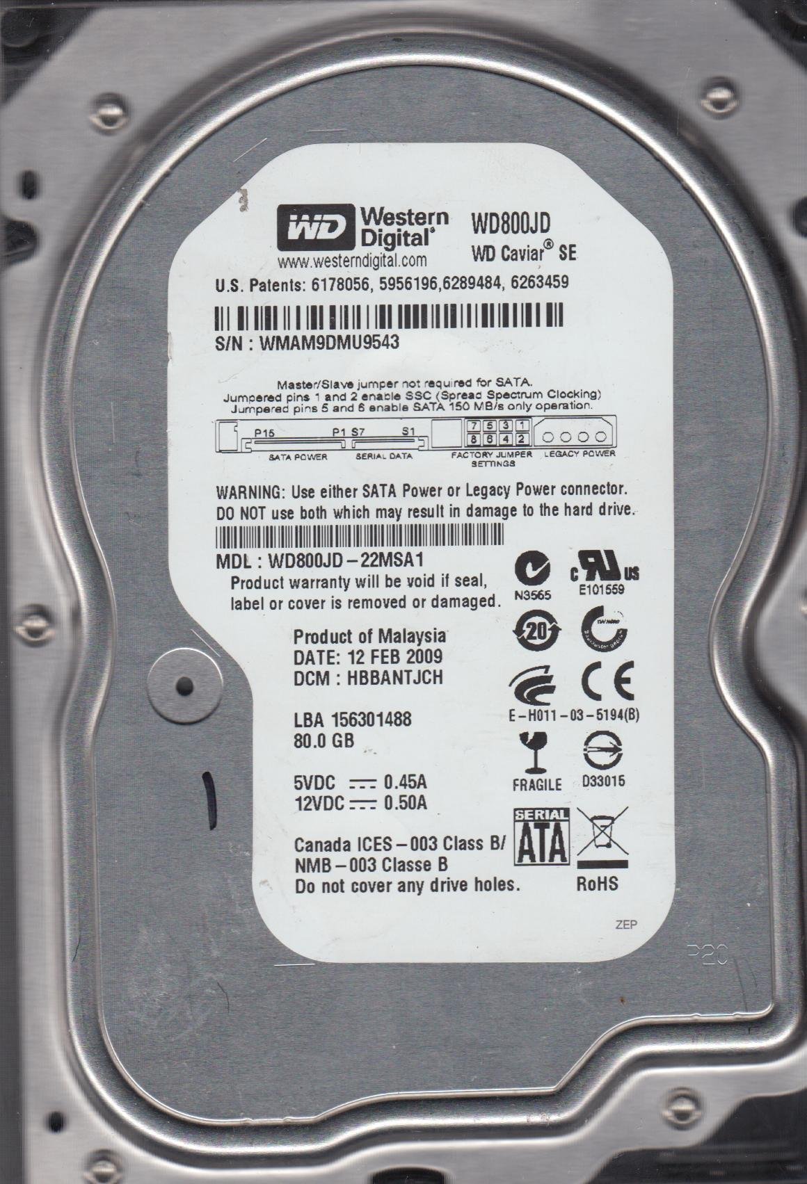 WD800JD-22MSA1, DCM HBBANTJCH, Western Digital 80GB SATA 3.5 Hard Drive