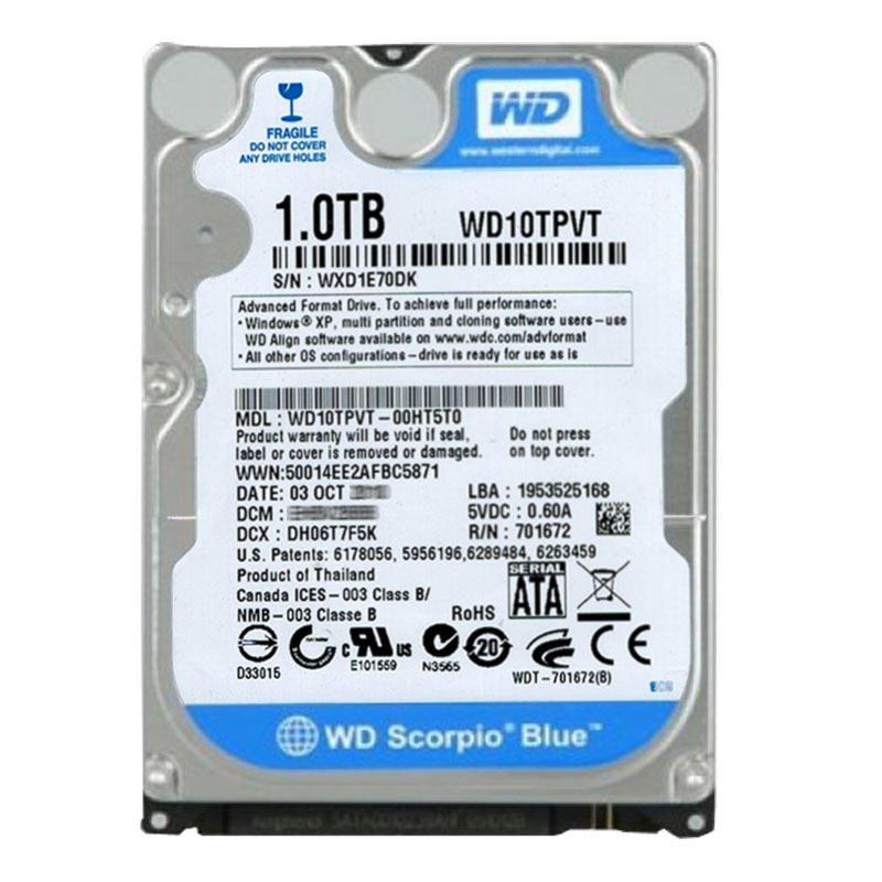 Western Digital - 1TB 5.2K SATA 3.0Gbps 2.5" 8MB Cache Hard Drive - WD10TPVT-00HT5T0