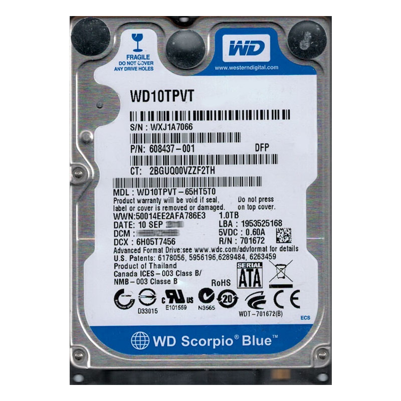 Western Digital - 1TB 5.2K SATA 3.0Gbps 2.5" 8MB Cache Hard Drive - WD10TPVT-65HT5T0