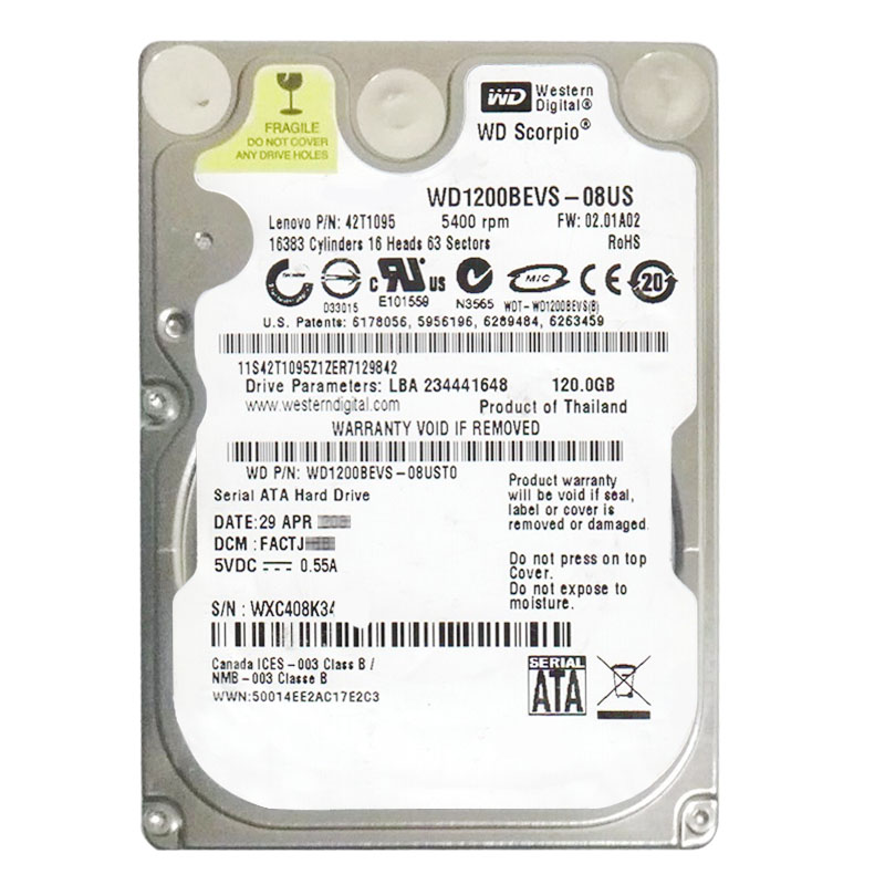 Western Digital - 120GB 5.4K SATA 1.5Gbps 2.5" 8MB Hard Drive - WD1200BEVS-08UST0