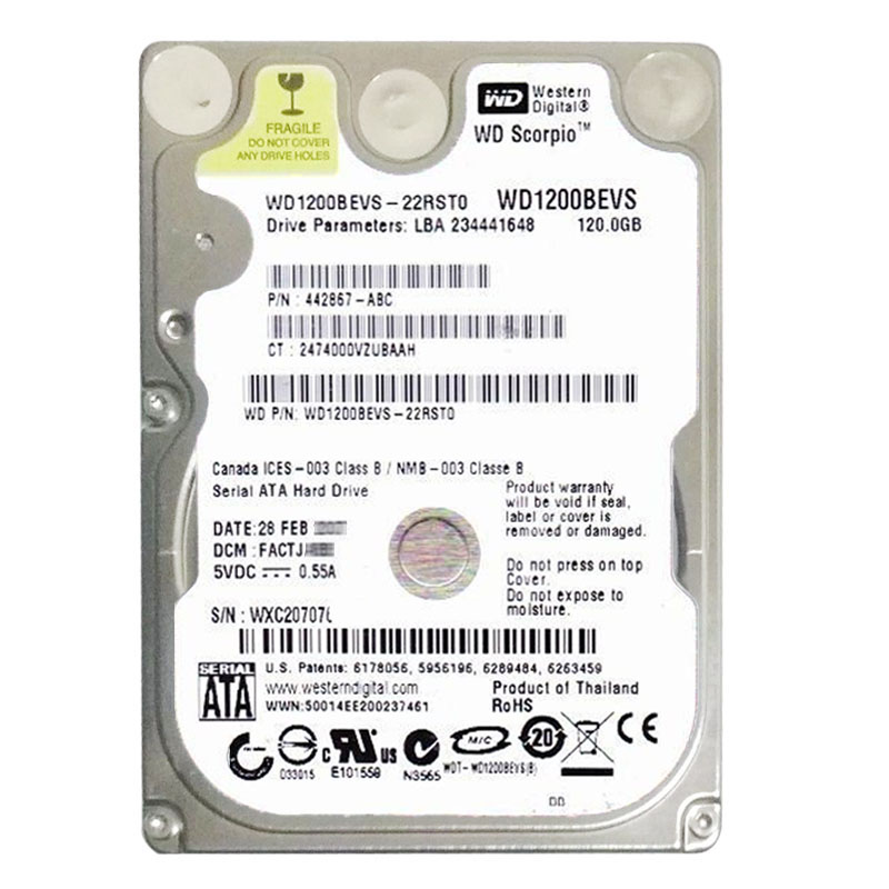 Western Digital - 120GB 5.4K SATA 1.5Gbps 2.5" 8MB Hard Drive - WD1200BEVS-22RST0