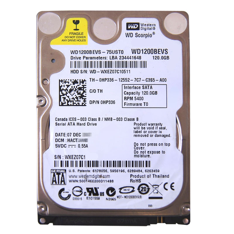 Western Digital - 120GB 5.4K SATA 1.5Gbps 2.5" 8MB Hard Drive - WD1200BEVS-75UST0