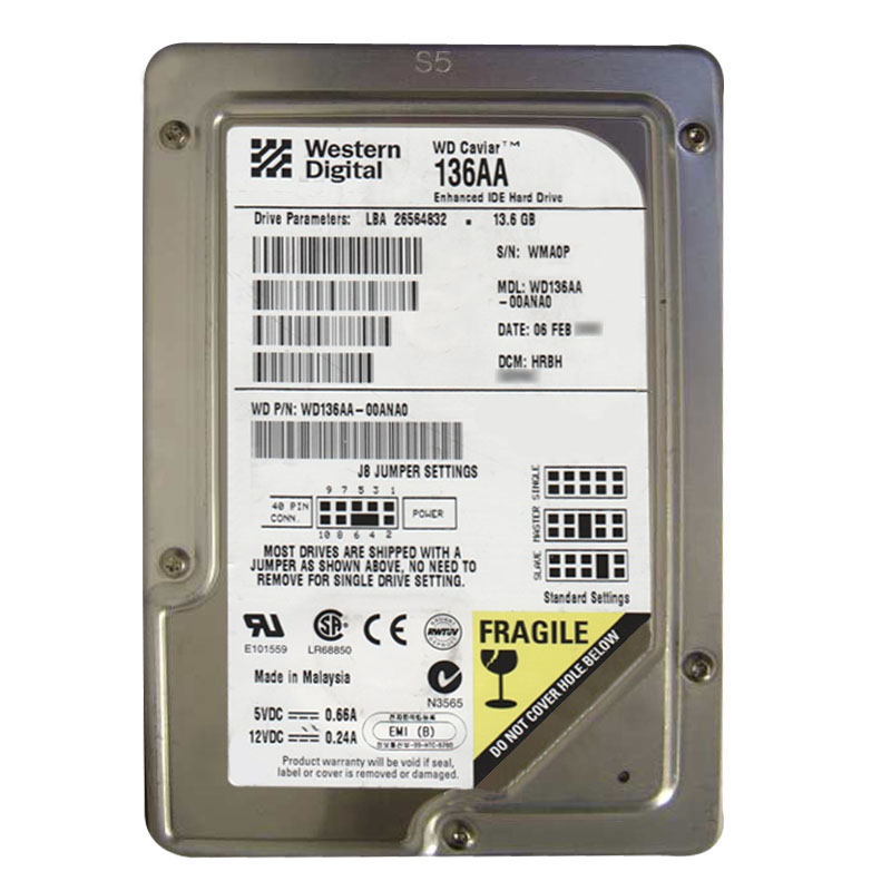 Western Digital - 13.6GB 5.4K IDE ATA/66 3.5" 2MB Cache Hard Drive - WD136AA-00ANA0