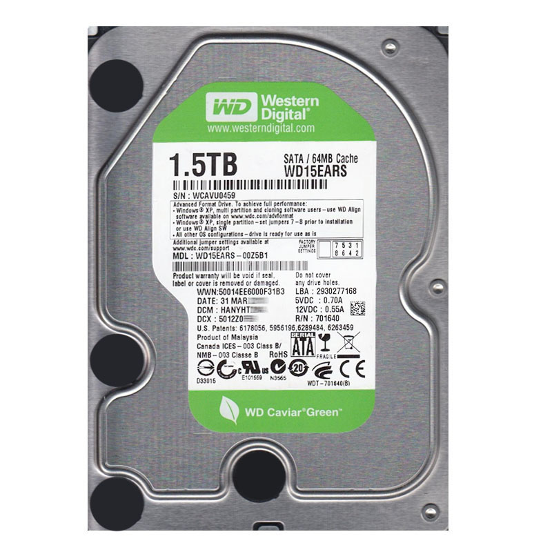 Western Digital - 1.5TB 7.2K SATA 3.0Gbps 3.5" 64MB Cache Hard Drive - WD15EARS-00Z5B1