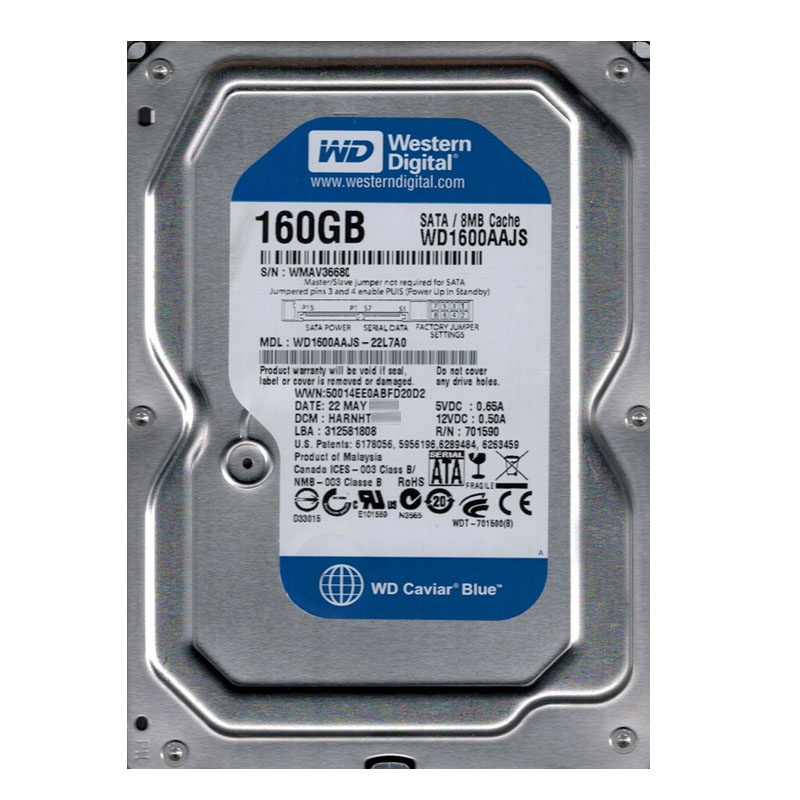 Western Digital - 160GB 7.2K SATA 3.0Gbps 3.5" 8MB Hard Drive - WD1600AAJS-22L7A0