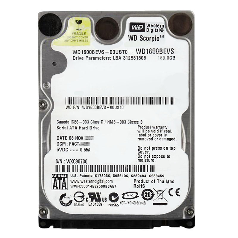 Western Digital - 160GB 5.4K SATA 1.5Gbps 2.5" 8MB Hard Drive - WD1600BEVS-00UST0