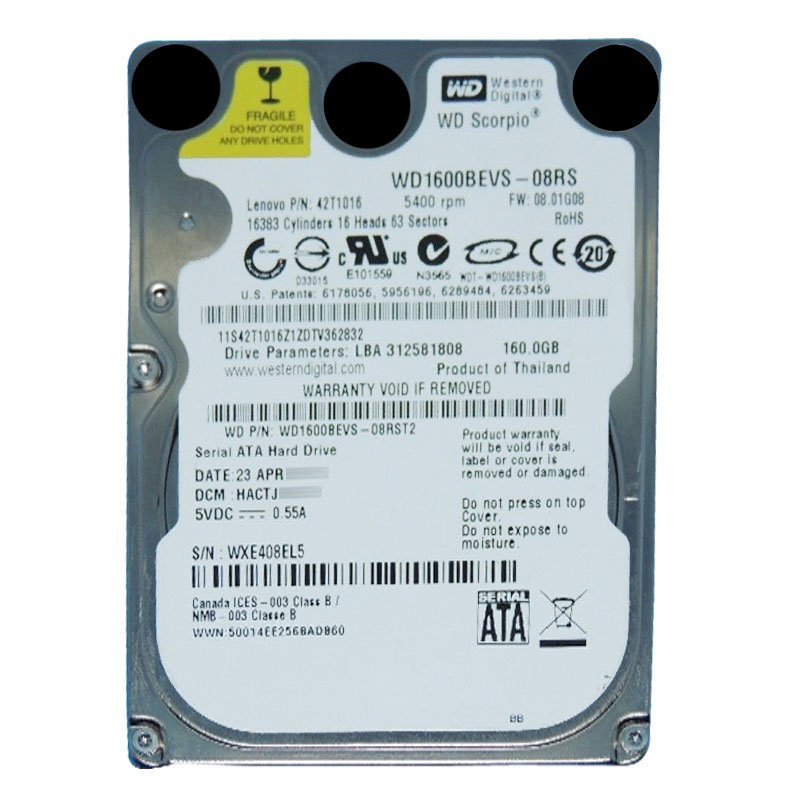 Western Digital - 160GB 5.4K SATA 1.5Gbps 2.5" 8MB Hard Drive - WD1600BEVS-08RST2