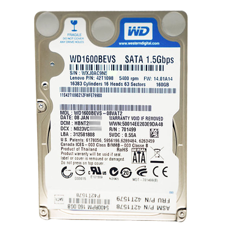 Western Digital - 160GB 5.4K SATA 1.5Gbps 2.5" 8MB Hard Drive - WD1600BEVS-08VAT2