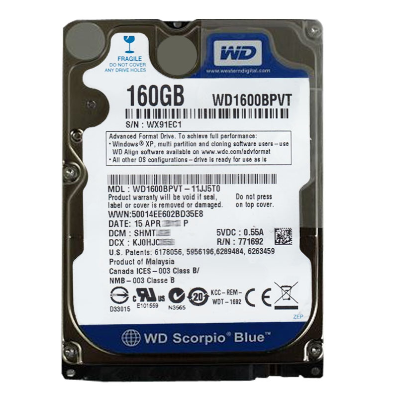 Western Digital - 160GB 5.4K SATA 3.0Gbps 2.5" 8MB Hard Drive - WD1600BPVT-11JJ5T0