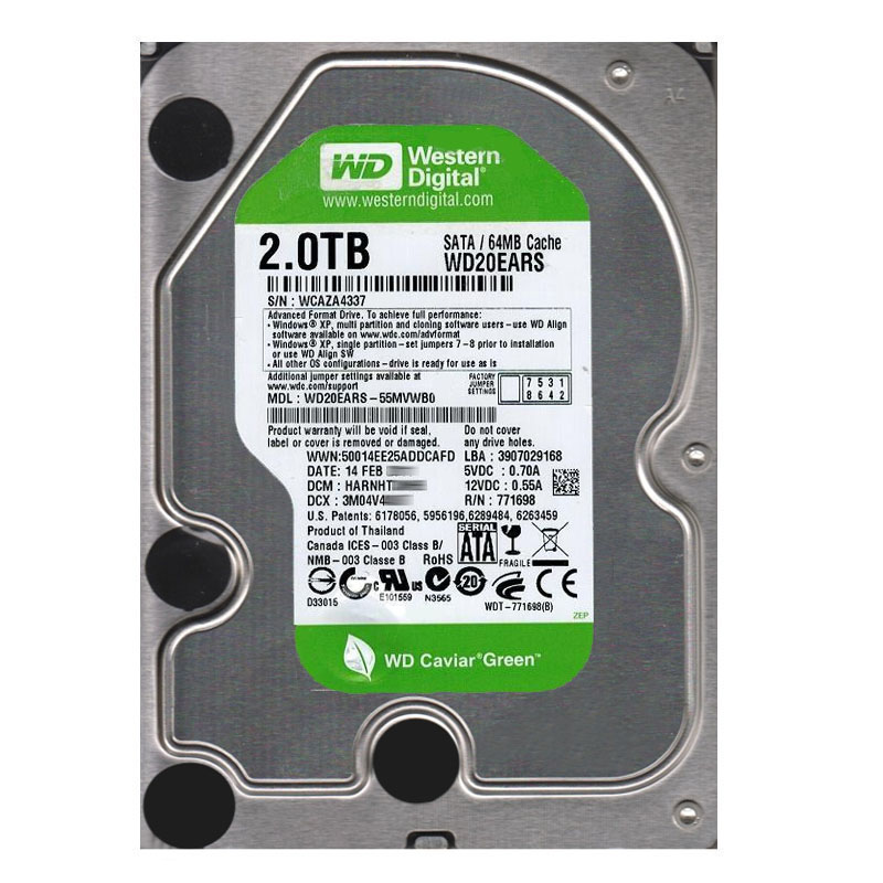 Western Digital - 2TB IntelliPower SATA 3.0Gbps 3.5" 64MB Hard Drive - WD20EARS-55MVWB0