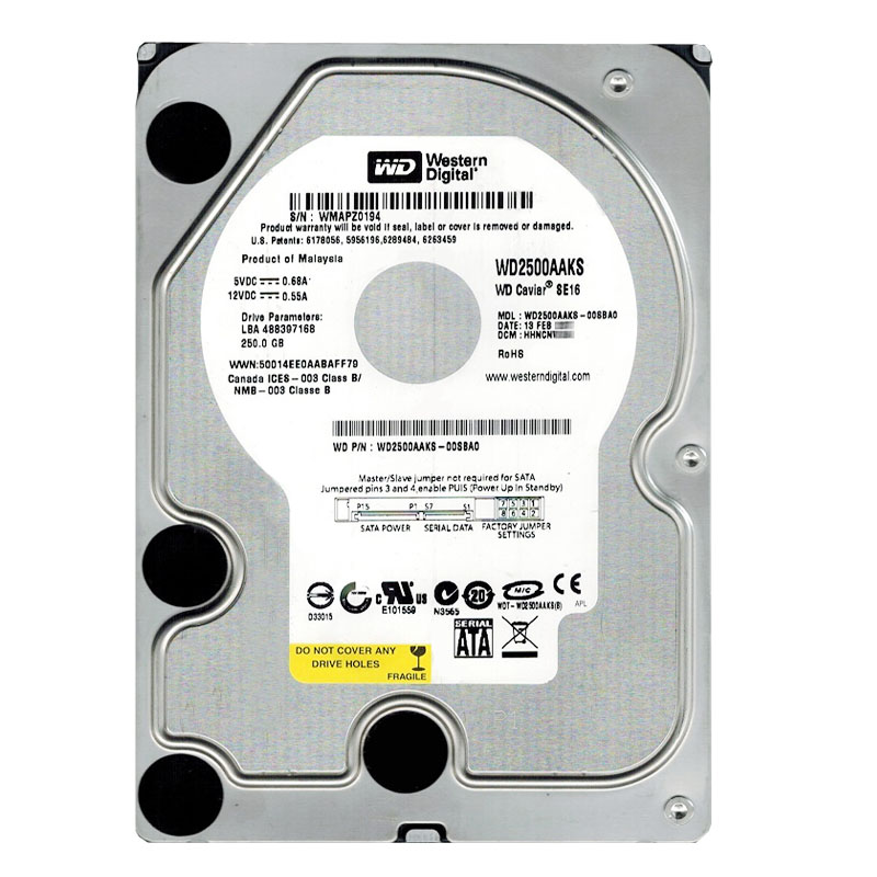 Western Digital - 250GB 7.2K SATA 3.0Gbps 3.5" 16MB Hard Drive - WD2500AAKS-00SBA0
