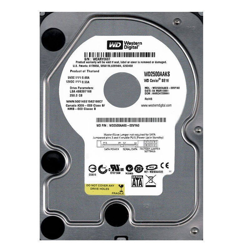 Western Digital - 250GB 7.2K SATA 3.0Gbps 3.5" 16MB Hard Drive - WD2500AAKS-00VYA0
