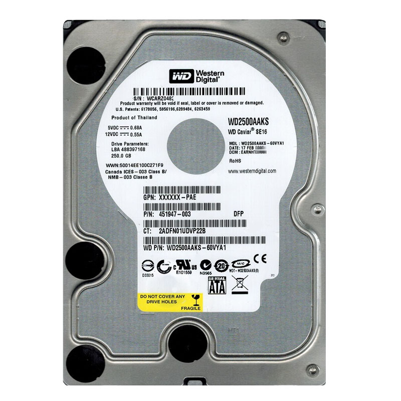 Western Digital - 250GB 7.2K SATA 3.0Gbps 3.5" 16MB Hard Drive - WD2500AAKS-60VYA1