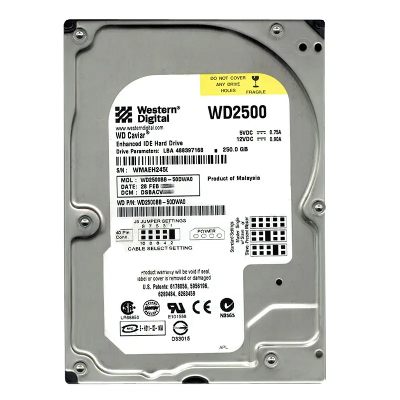 WD2500BB-50DWA0.jpg Western Digital - 250GB 7.2K IDE ATA/100 3.5" 2MB Cache Hard Drive - WD2500BB-50DWA0 - Image 1