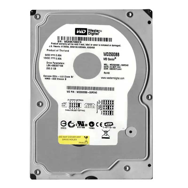 WD2500BB-55RDA0.jpg Western Digital - 250GB 7.2K IDE ATA/100 3.5" 2MB Cache Hard Drive - WD2500BB-55RDA0 - Image 1