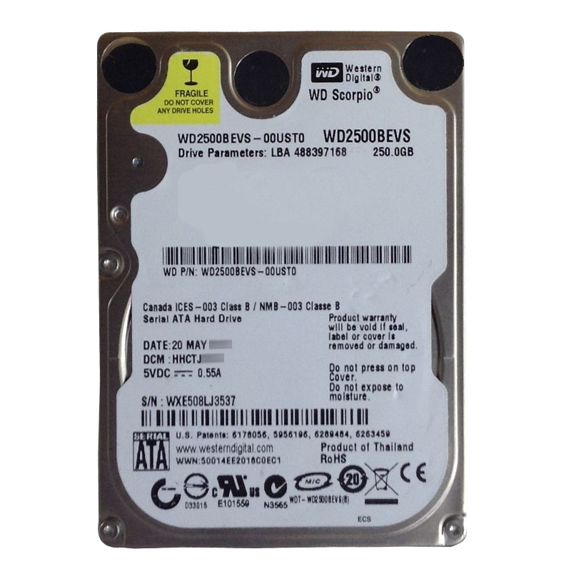 Western Digital - 250GB 5.4K SATA 1.5Gbps 2.5" 8MB Hard Drive - WD2500BEVS-00UST0