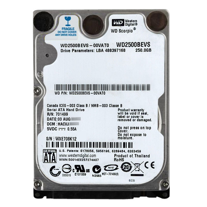 Western Digital - 250GB 5.4K SATA 1.5Gbps 2.5" 8MB Hard Drive - WD2500BEVS-00VAT0