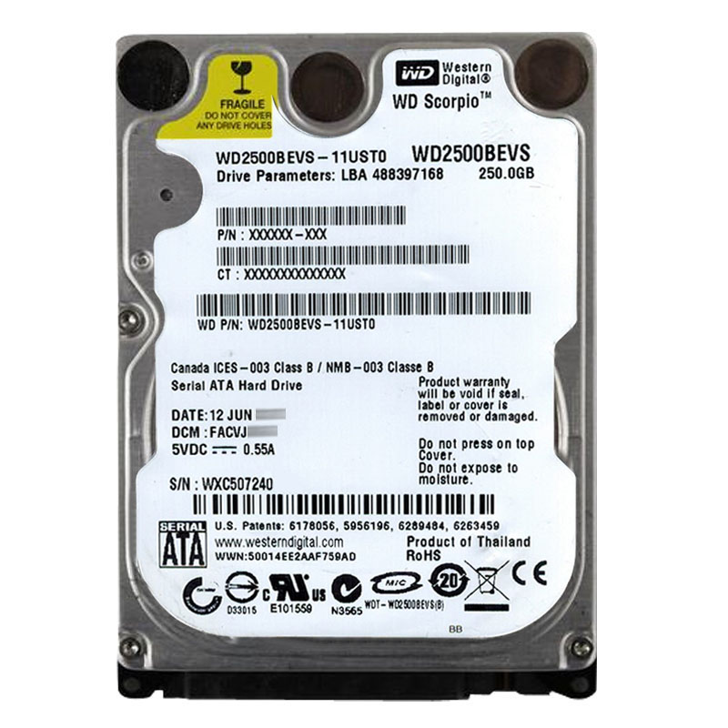 Western Digital - 250GB 5.4K SATA 1.5Gbps 2.5" 8MB Hard Drive - WD2500BEVS-11UST0