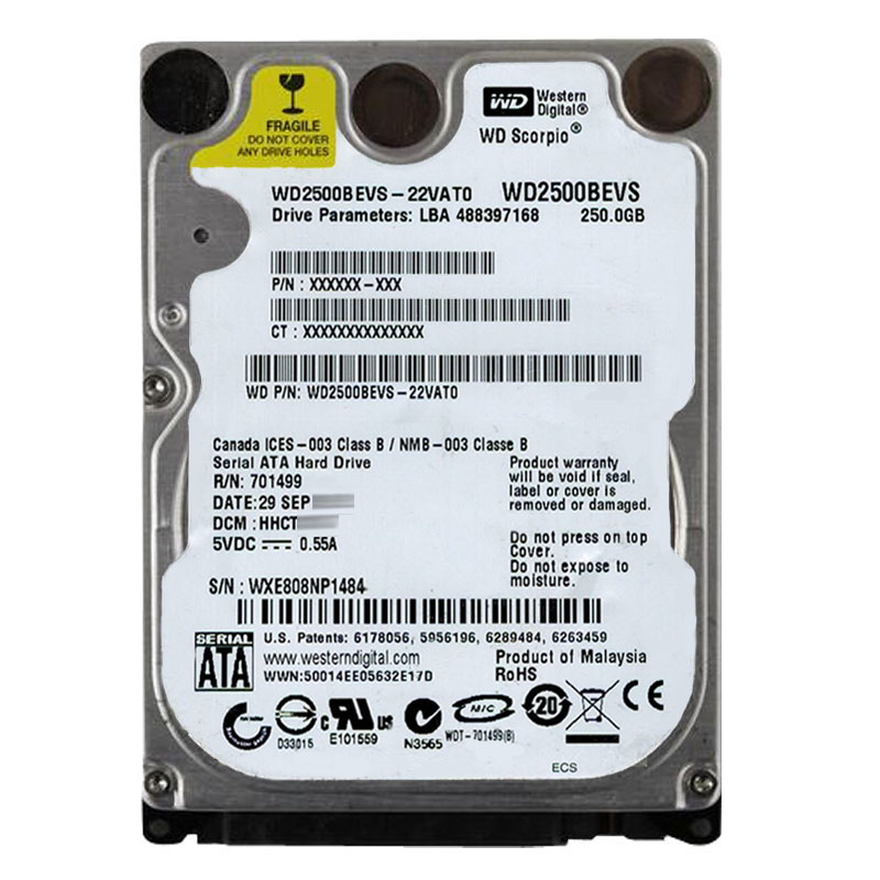 Western Digital - 250GB 5.4K SATA 1.5Gbps 2.5" 8MB Hard Drive - WD2500BEVS-22VAT0