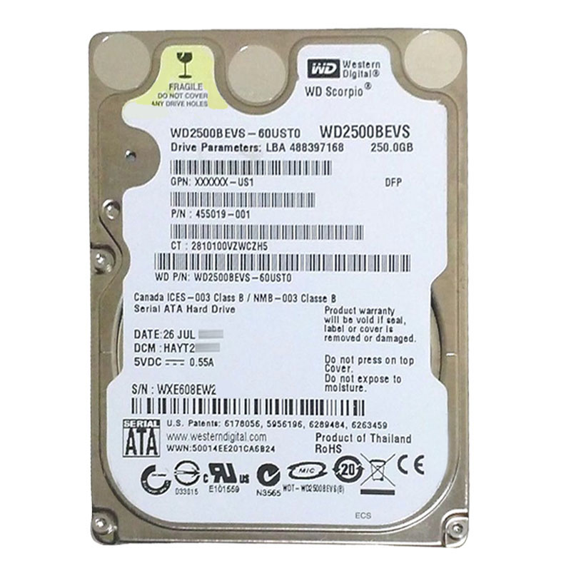 Western Digital - 250GB 5.4K SATA 1.5Gbps 2.5" 8MB Hard Drive - WD2500BEVS-60UST0