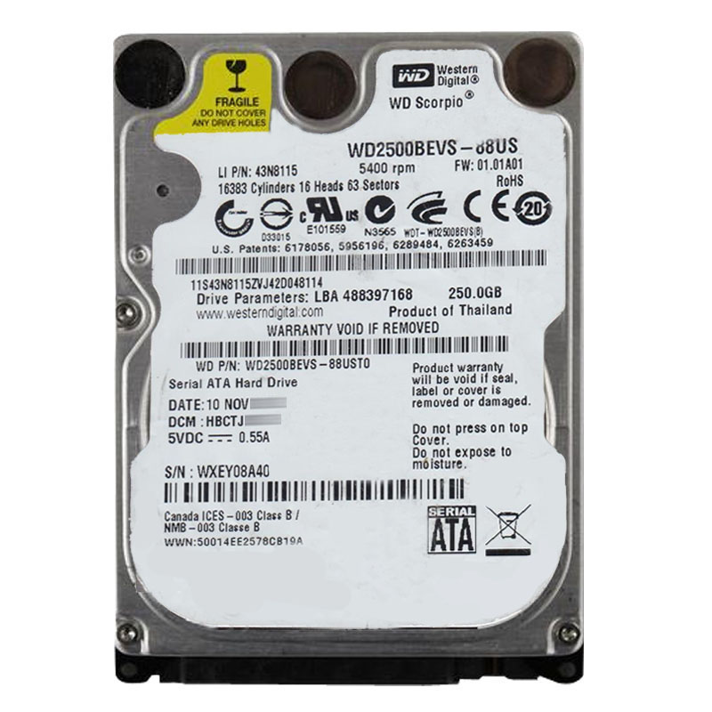 Western Digital - 250GB 5.4K SATA 1.5Gbps 2.5" 8MB Hard Drive - WD2500BEVS-88UST0