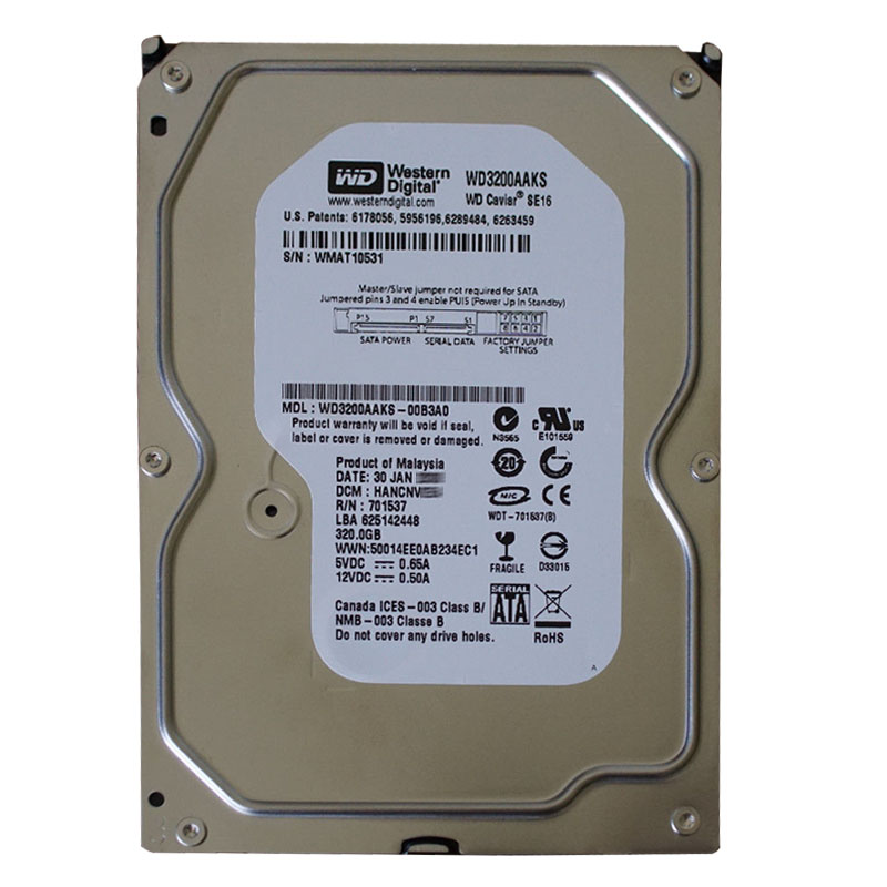 Western Digital - 320GB 7.2K SATA 3.0Gbps 3.5" 16MB Hard Drive - WD3200AAKS-00B3A0