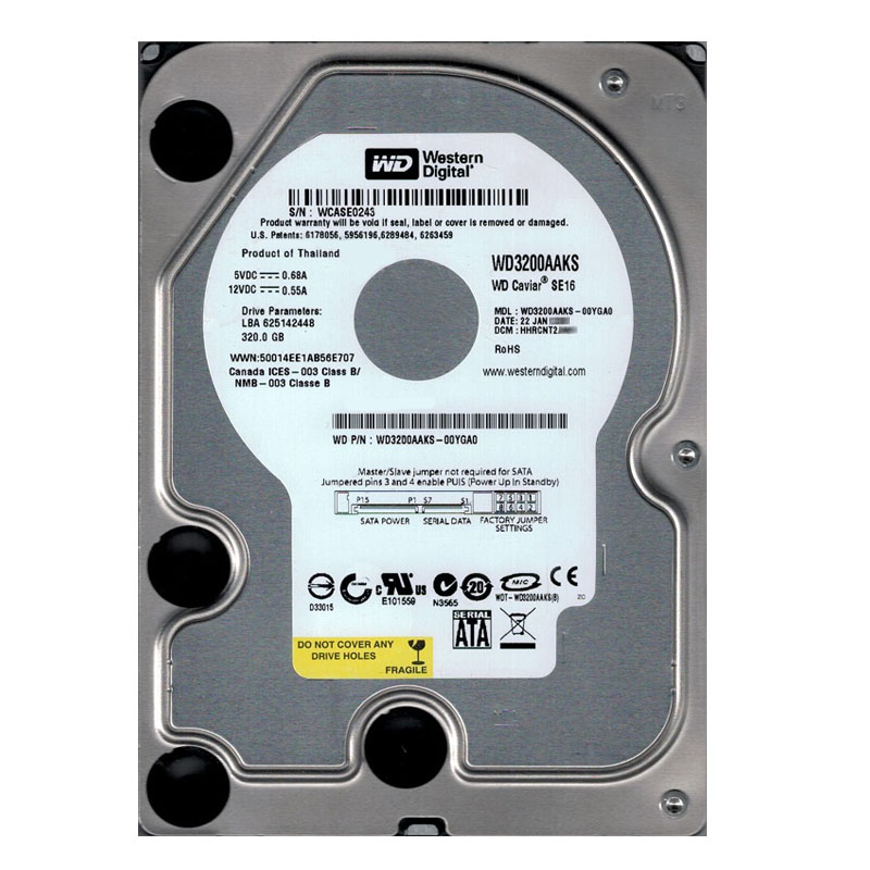 Western Digital - 320GB 7.2K SATA 3.0Gbps 3.5" 16MB Hard Drive - WD3200AAKS-00YGA0