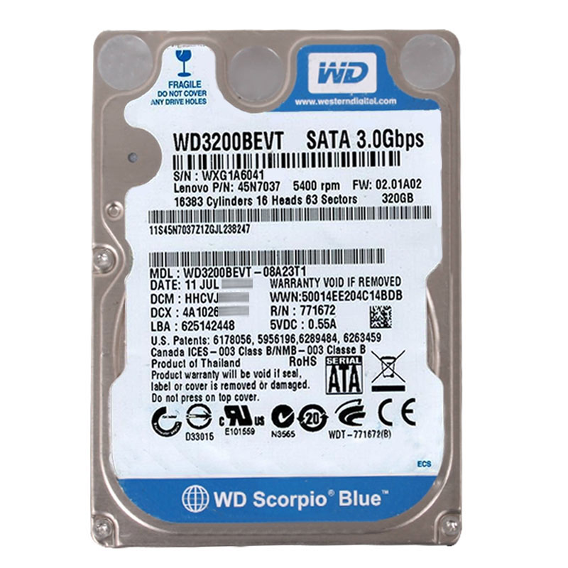 Western Digital - 320GB 5.4K SATA 3.0Gbps 2.5" 8MB Hard Drive - WD3200BEVT-08A23T1
