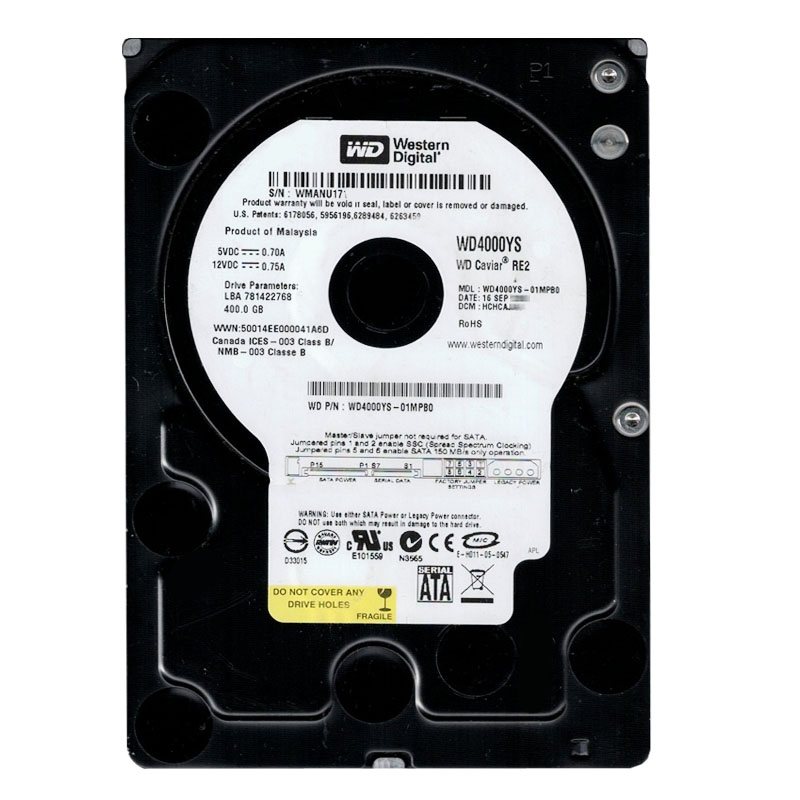 Western Digital - 400GB 7.2K SATA 3.0Gbps 3.5" 16MB Hard Drive - WD4000YS-01MPB0