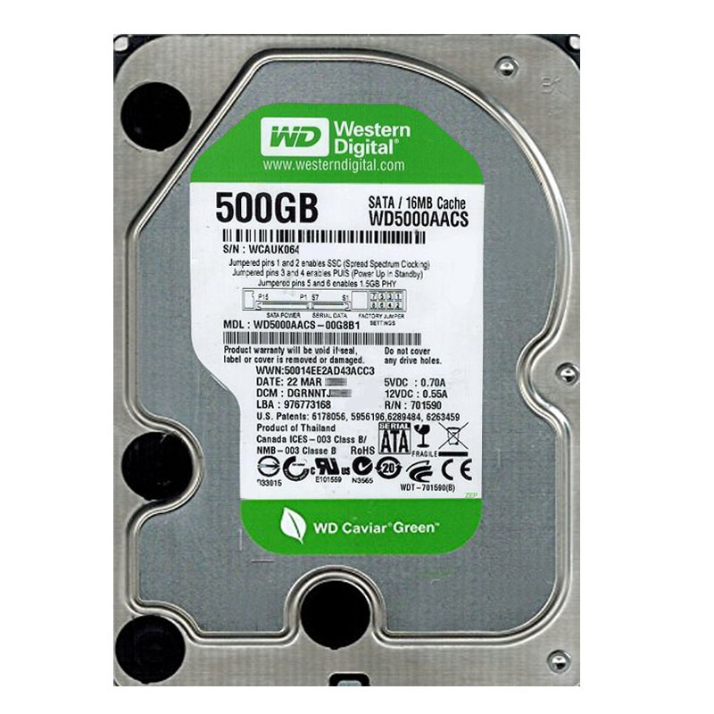 Western Digital - 500GB IntelliPower SATA 3.0Gbps 3.5" 16MB Hard Drive - WD5000AACS-00G8B1