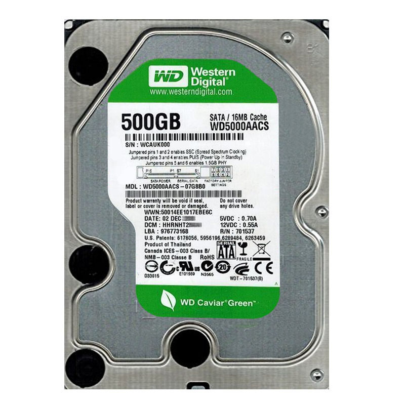 Western Digital - 500GB IntelliPower SATA 3.0Gbps 3.5" 16MB Hard Drive - WD5000AACS-07G8B0