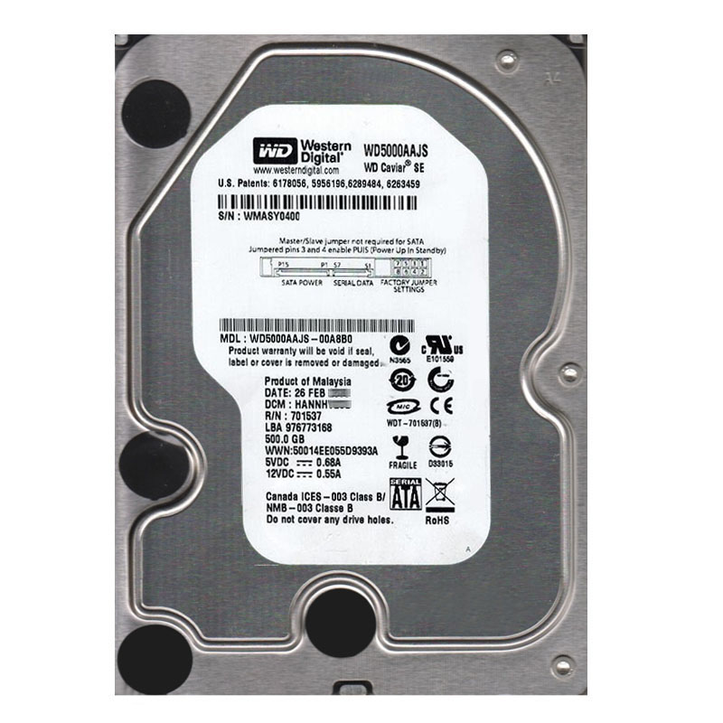 Western Digital - 500GB 7.2K SATA 3.0Gbps 3.5" 8MB Hard Drive - WD5000AAJS-00A8B0