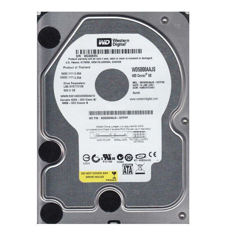 Western Digital - 500GB 7.2K SATA 3.0Gbps 3.5" 8MB Hard Drive - WD5000AAJS-32YFA0