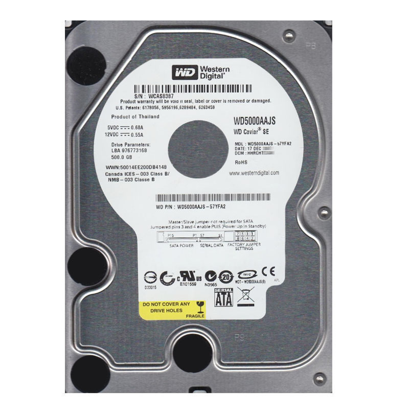 Western Digital - 500GB 7.2K SATA 3.0Gbps 3.5" 8MB Hard Drive - WD5000AAJS-57YFA2