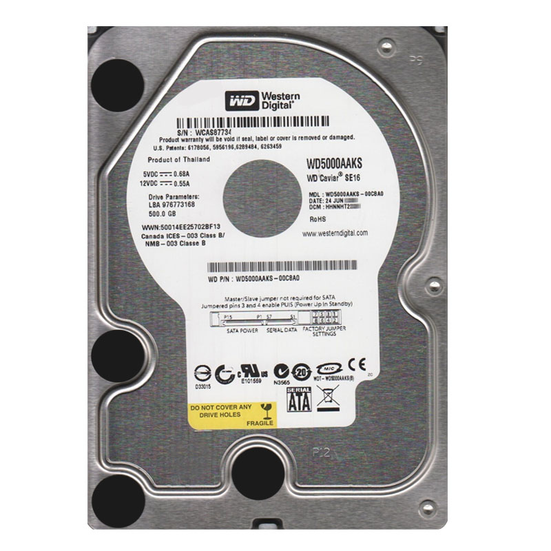 Western Digital - 500GB 7.2K SATA 3.0Gbps 3.5" 16MB Hard Drive - WD5000AAKS-00C8A0