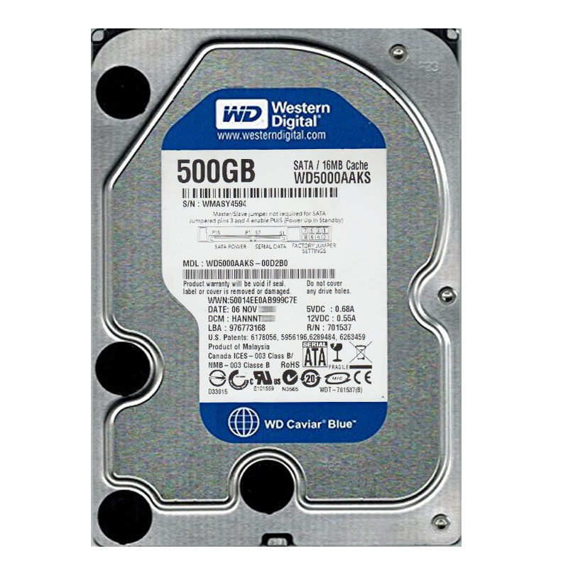 Western Digital - 500GB 7.2K SATA 3.0Gbps 3.5" 16MB Hard Drive - WD5000AAKS-00D2B0