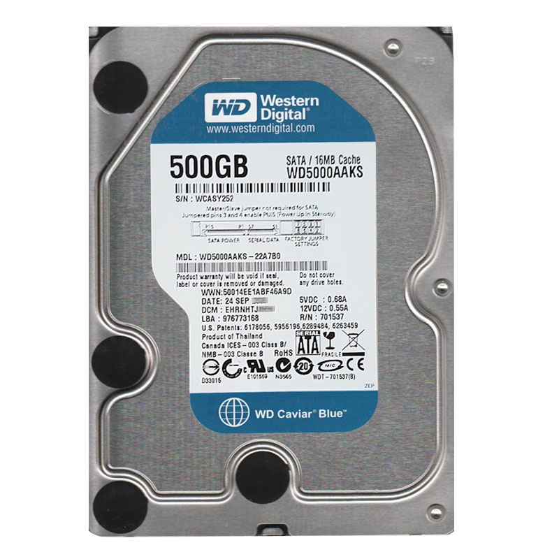 Western Digital - 500GB 7.2K SATA 3.0Gbps 3.5" 16MB Hard Drive - WD5000AAKS-22A7B0