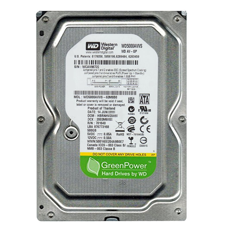 Western Digital - 500GB Intellipower SATA 6.0Gbps 3.5" 8MB Hard Drive - WD5000AVVS-63M8B0