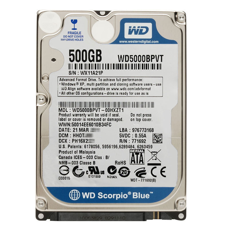 Western Digital - 500GB 5.4K SATA 3.0Gbps 2.5" 8MB Hard Drive - WD5000BPVT-00HXZT1