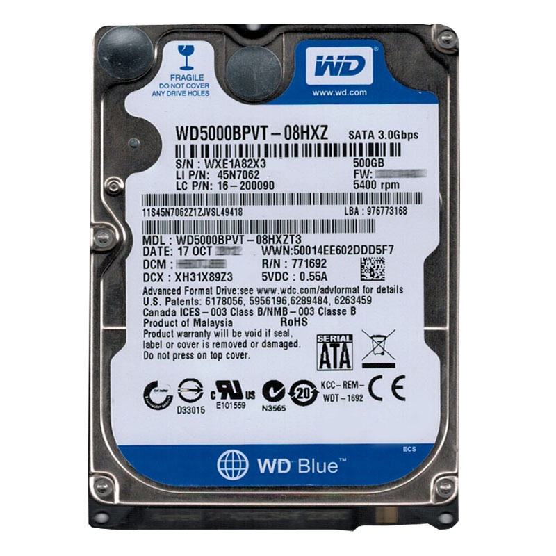 Western Digital - 500GB 5.4K SATA 3.0Gbps 2.5" 8MB Cache Hard Drive - WD5000BPVT-08HXZT3