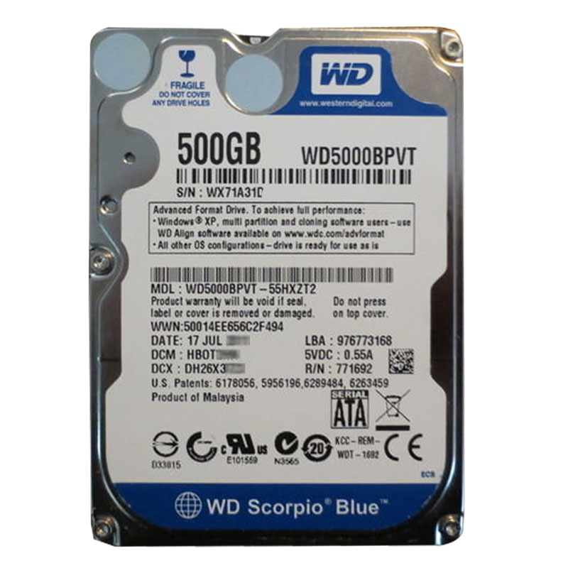 Western Digital - 500GB 5.4K SATA 3.0Gbps 2.5" 8MB Hard Drive - WD5000BPVT-55HXZT2