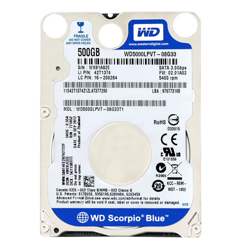 Western Digital - 500GB 5.4K SATA 3.0Gbps 2.5" 8MB Hard Drive - WD5000LPVT-08G33T1