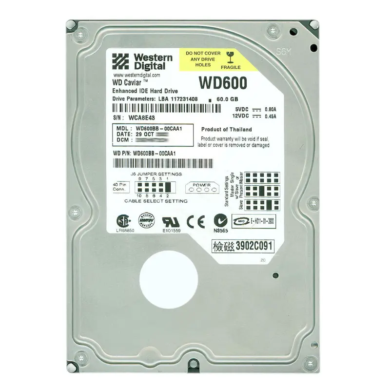 WD600BB-00CAA1.jpg Western Digital - 60GB 7.2K IDE 3.5" 2MB Cache Hard Drive - WD600BB-00CAA1 - Image 1