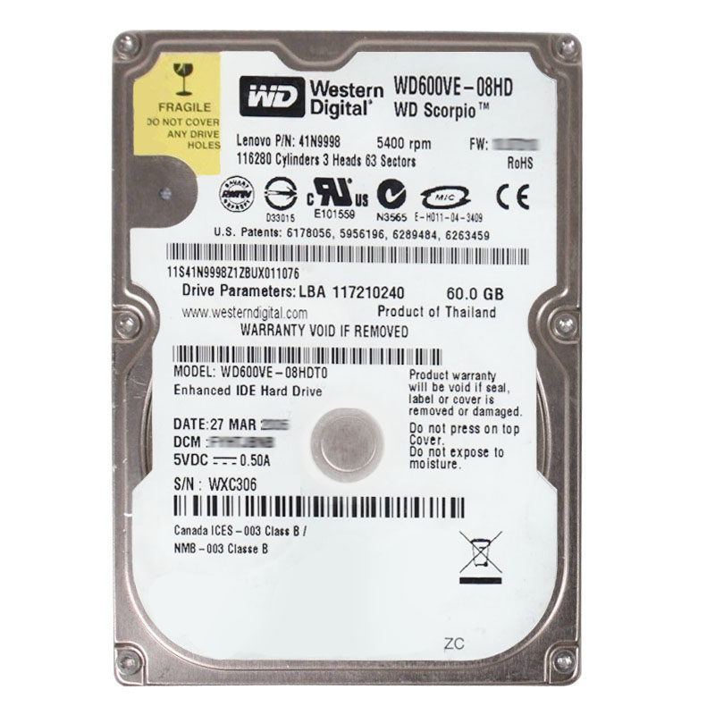 Western Digital - 60GB 5.4K IDE 2.5" 8MB Cache Hard Drive - WD600VE-08HDT0