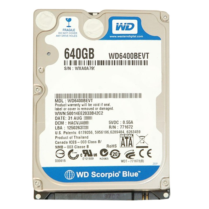 Western Digital - 640GB 5.4K SATA 3.0Gbps 2.5" 8MB Hard Drive - WD6400BEVT