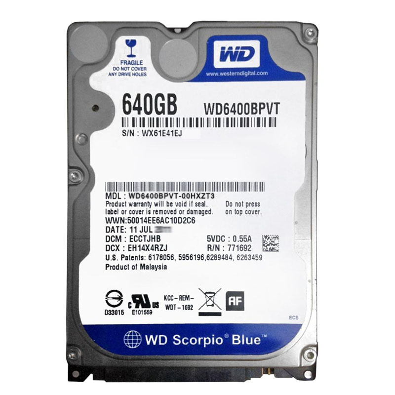 Western Digital - 640GB 5.4K SATA 3.0Gbps 2.5" 8MB Cache Hard Drive - WD6400BPVT-00HXZT3