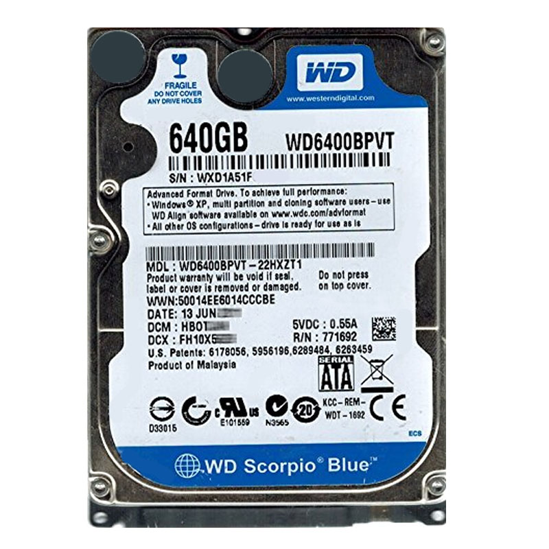Western Digital - 640GB 5.4K SATA 3.0Gbps 2.5" 8MB Hard Drive - WD6400BPVT-22HXZT1