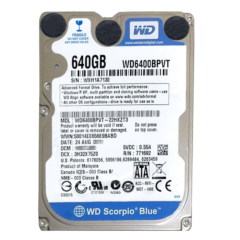 Western Digital - 640GB 5.4K SATA 3.0Gbps 2.5" 8MB Cache Hard Drive - WD6400BPVT-22HXZT3