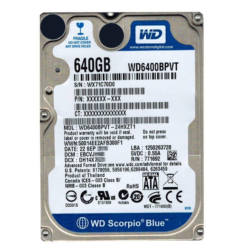 Western Digital - 640GB 5.4K SATA 3.0Gbps 2.5" 8MB Hard Drive - WD6400BPVT-24HXZT1
