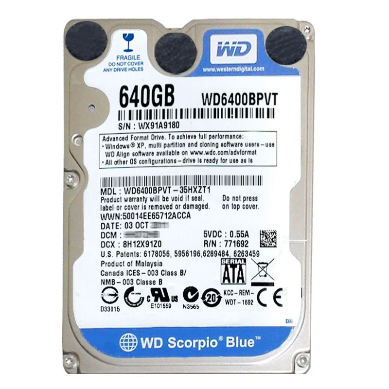 Western Digital - 640GB 5.4K SATA 3.0Gbps 2.5" 8MB Cache Hard Drive - WD6400BPVT-35HXZT1